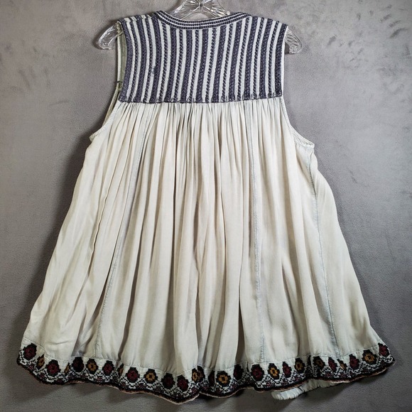 Rachel Zoe Babydoll Top Womens 1X Ivory Blue Boho Hippie Embroidered Crocheted - Picture 2 of 7